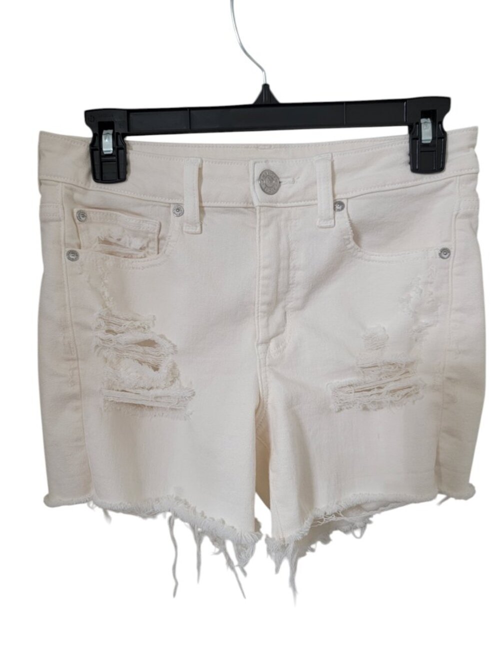 American Eagle Size 6 Off White Distressed "High Rise Shortie" Jean Shorts